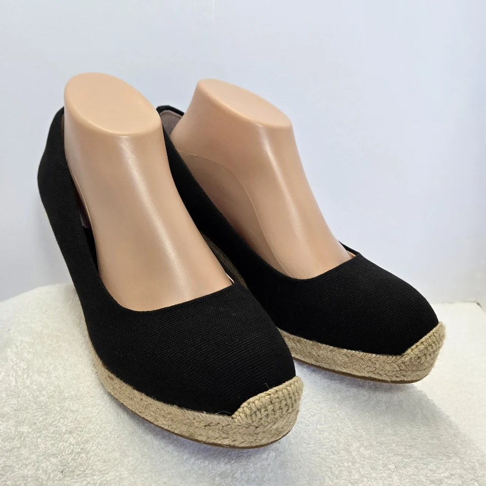 J. Crew Seville Espadrille Wedges Black Round Cap Toe Size 9 Platform Canvas